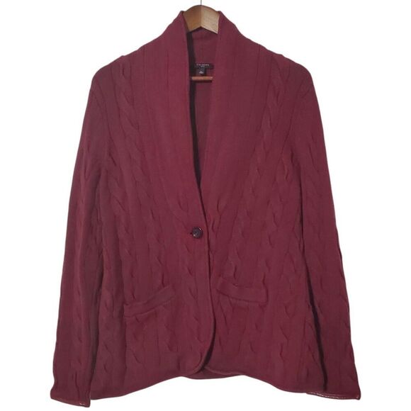Talbots Sweater Womens Medium Red Cable Knit Shawl Cardigan Wool Preppy Classic - Picture 1 of 9